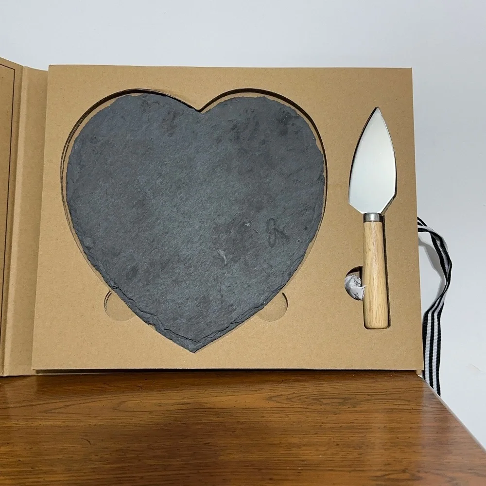 Tablesugar Heart Slate Board Serving Set w Cheese Knife Charcuterie Gift Party